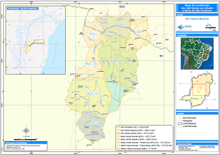 – Mapa de localização, base municipal e subdivisão da Bacia Hidrográfica do rio Verde Grande